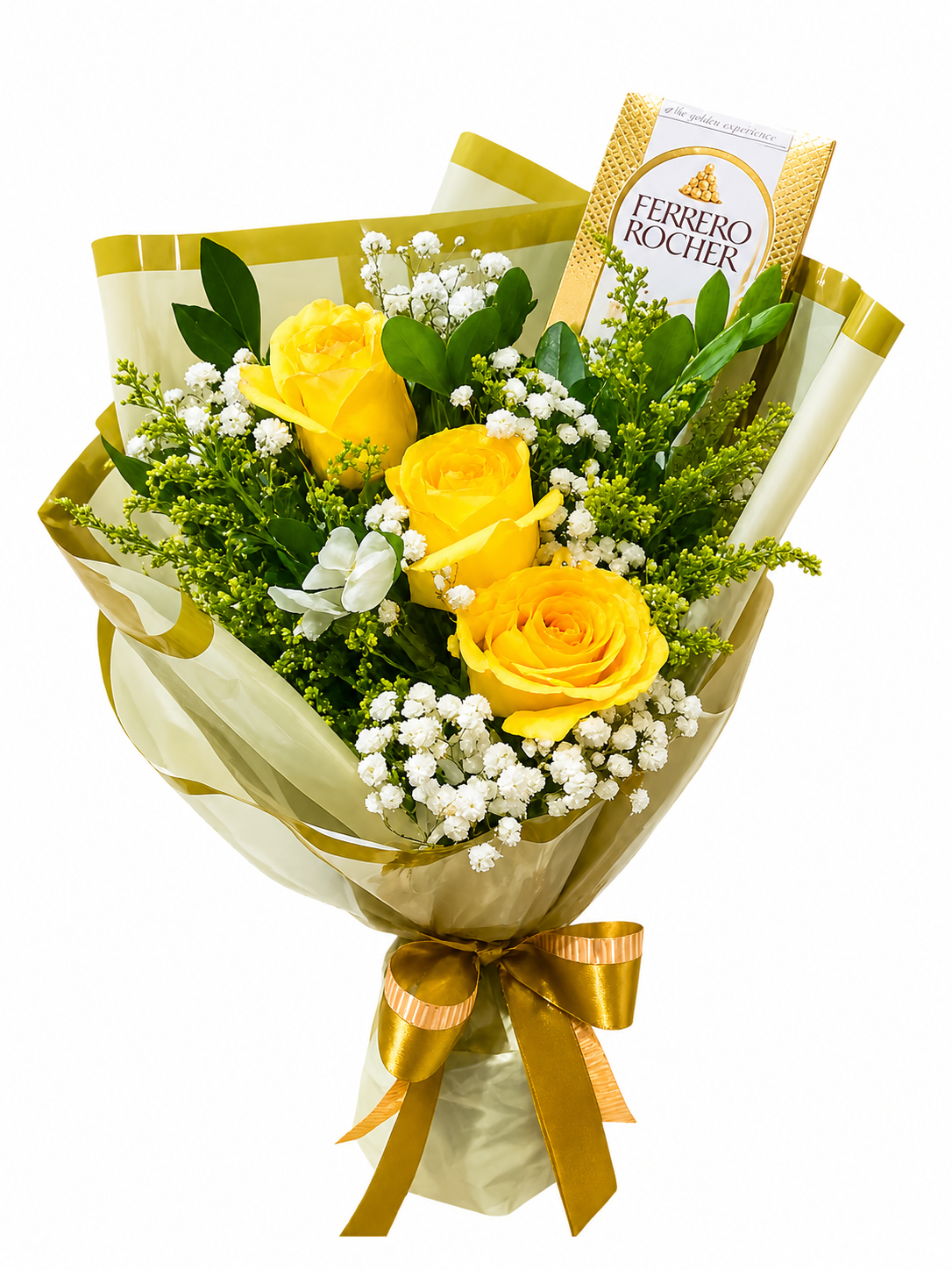 TRIO DE ROSAS AMARELAS E FERRERO